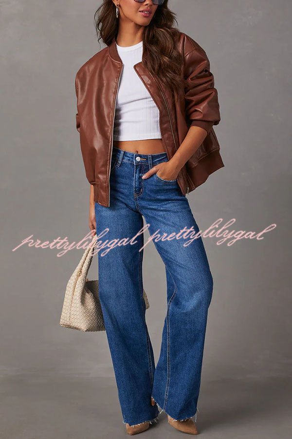 Solid Color Long Sleeve Loose Pocket Leather Jacket