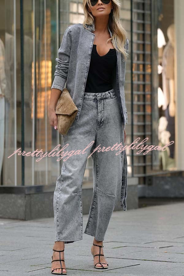 Casual Meetup Denim Stand Neck Long Sleeve Belted Loose Jacket