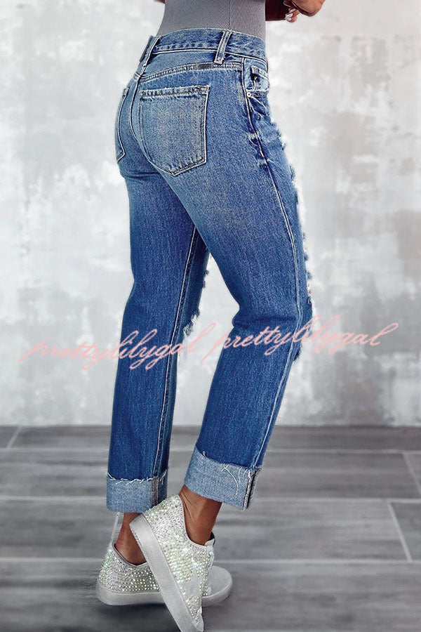 Lucy High Rise Distressed Pocketed Cuffed Hem Straight Leg Denim