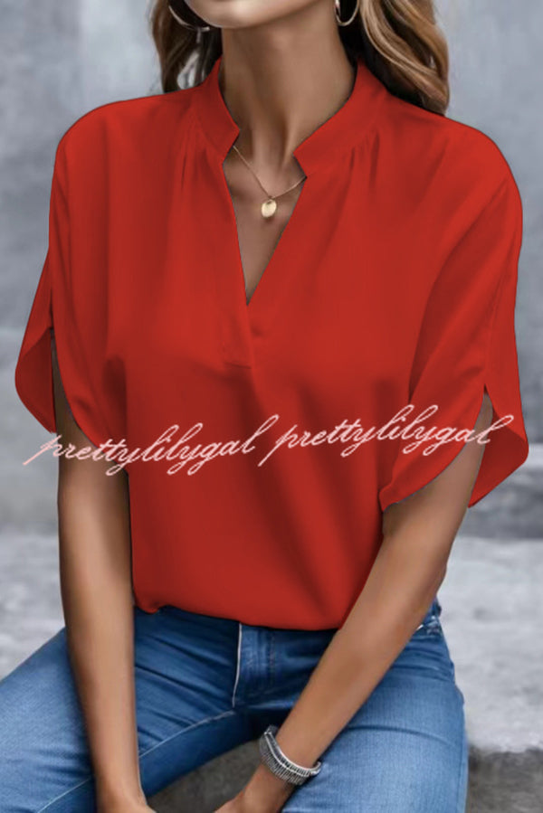 Solid Color V-neck Short-sleeved Casual Loose Shirt Top