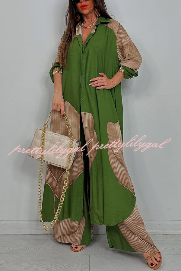 Unique Printed Casual Loose Long Shirt and Elastic Waist Pocket Wide Leg Pants Set