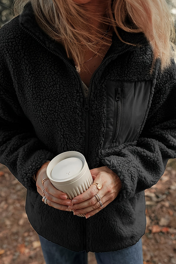 Solid Color Faux Cashmere Zip-up Pocket Casual Jacket