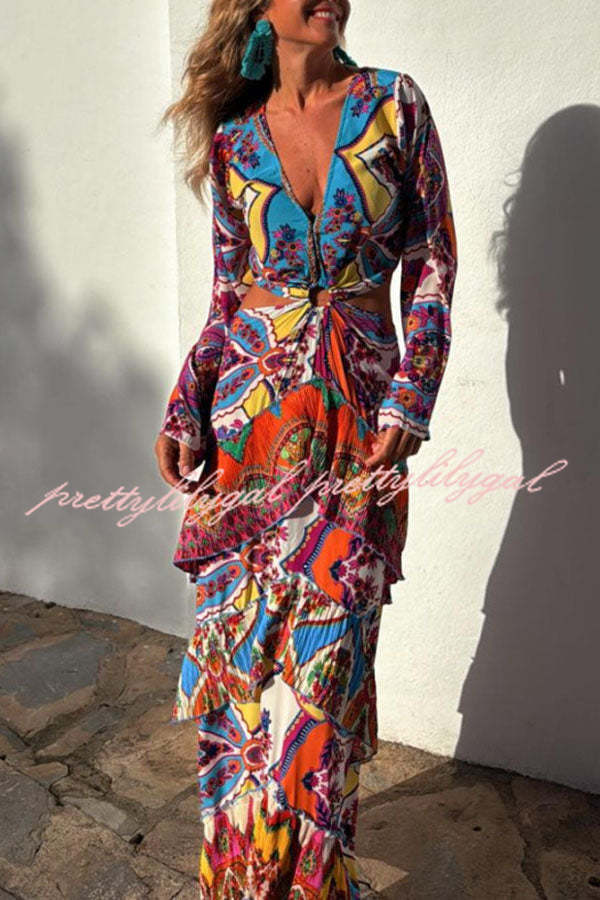 Colorful Day Unique Print Bell Sleeve Cutout Waist Layered Maxi Dress