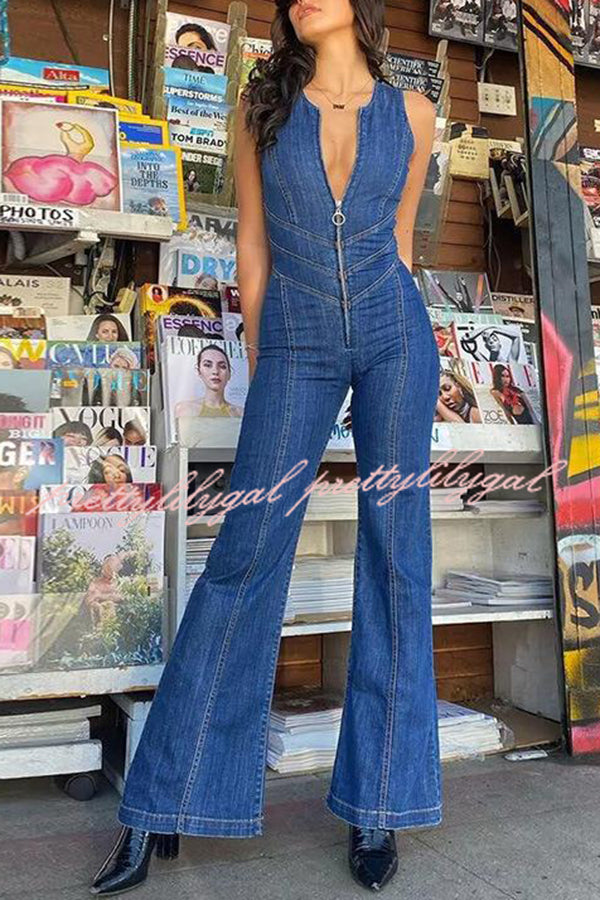 Fashionable Heart Hollow Back Slim High Waist Flared Denim Jumpsuit