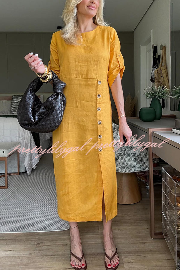 Ultra-comfortable Linen Blend Half Sleeve Front Button Detail Relaxed Pocket Midi Dress