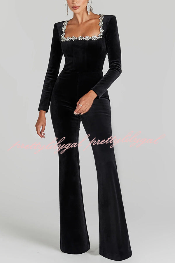 Classic Charm Velvet Jewel Embellished Trim Long Sleeve Flare Jumpsuit