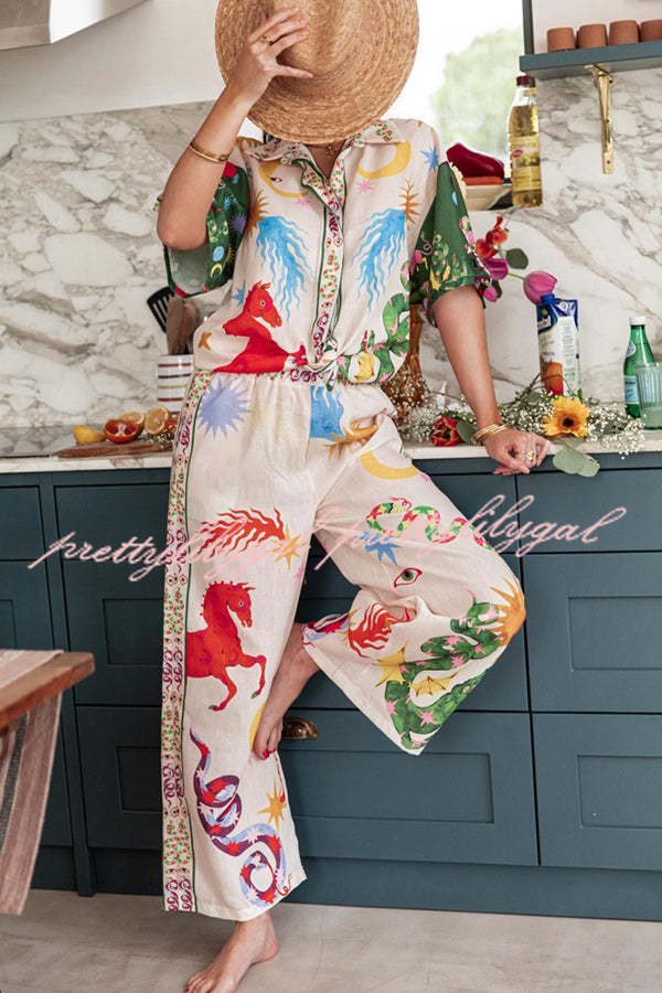 Bohemian Beauty Unique Print Short Sleeve Loose Shirt and Elastic Waist Pants Set