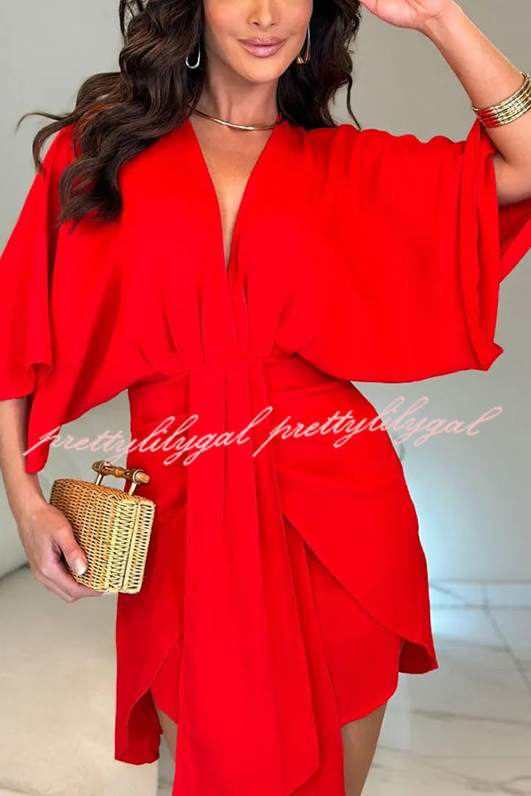 Solid Color V-Neck Half Sleeve Casual Irregular Mini Dress