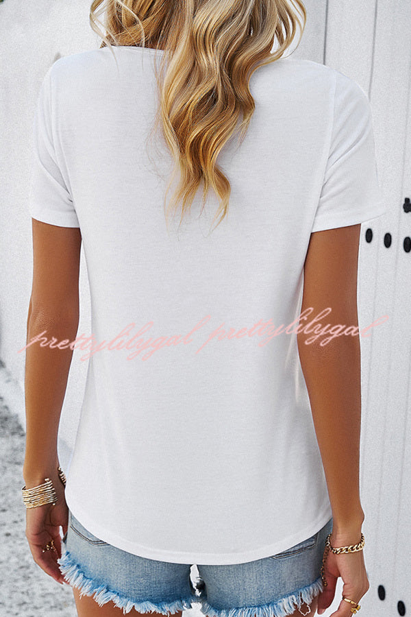 Casual Solid Color Short Sleeved V Neck Hollow T-Shirt