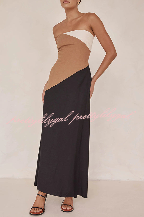 Calissa Asymmetrical Colour Block Strapless Pocketed A-line Maxi Dress