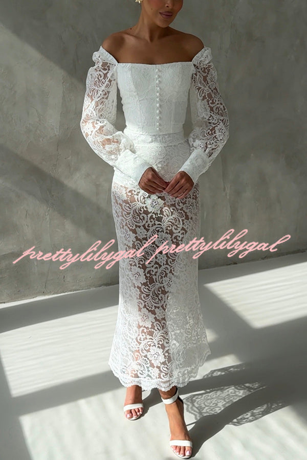 Timeless Moment Floral Lace Square Neck Button Up Balloon Sleeve Top