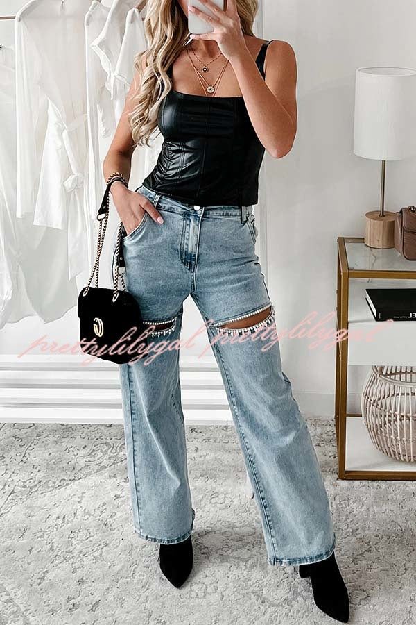 Blowing Your Mind Slit-Front Wide Leg Pocket Rhinestone Jeans