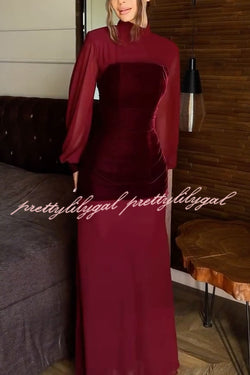 Hildie Chiffon and Two-piece Velvet Lace-up Bra High Neck Long Sleeve Maxi Dress