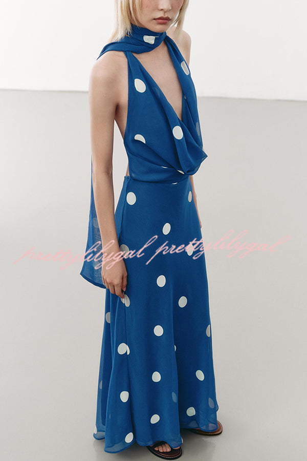 Fashion Polka Dot Print Sexy Halter Neck Backless Maxi Dress