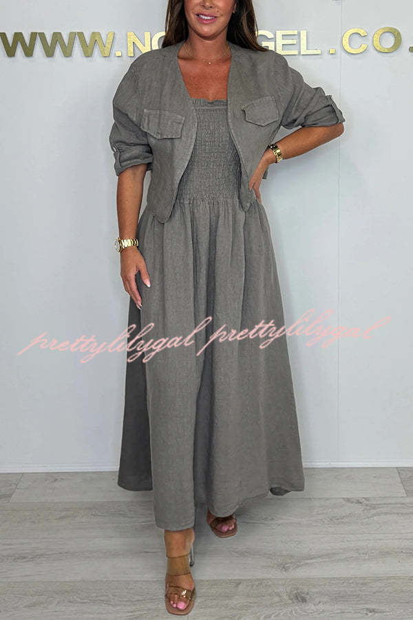 Solid Color Casual Short Jacket and Suspender Pleated Maxi Dress Set