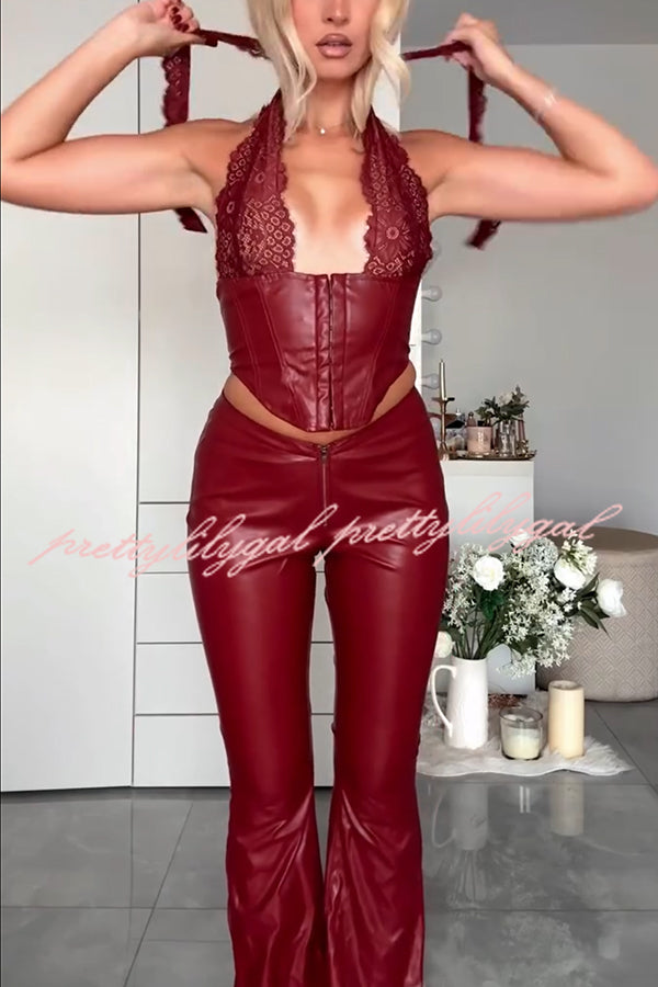 Style Challenge Stretch Faux Leather Lace Halter Tank and Zipper Waist Flare Pants Set