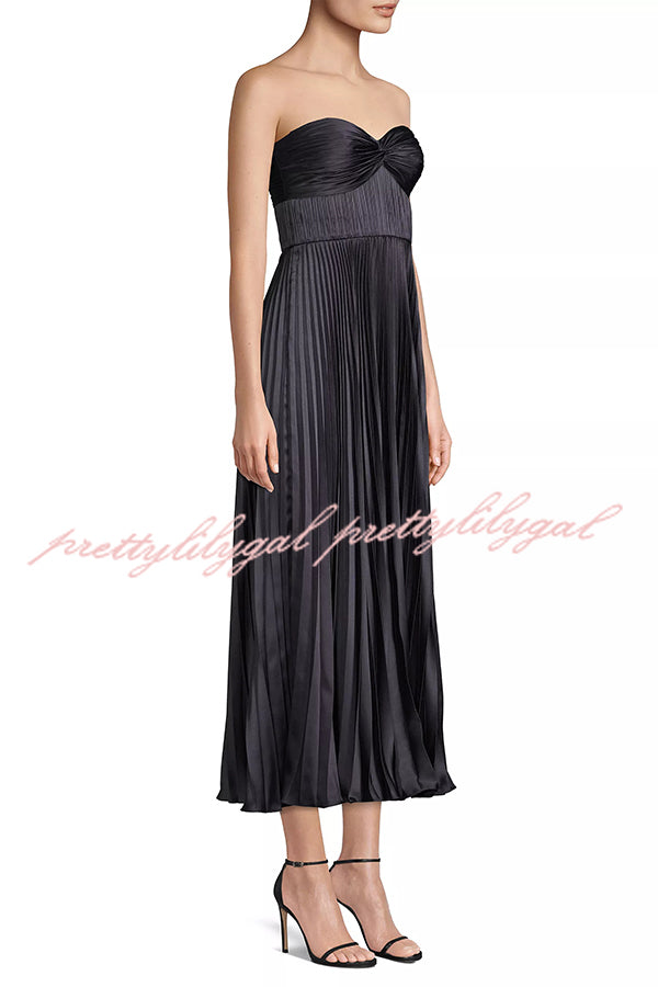Love Note Satin Sweetheart Twist Off Shoulder Pleated Maxi Dress