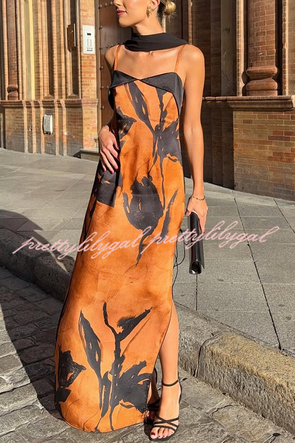 Elegant Satin Flowers Print Black Piping Detail Slit Scarf Maxi Dress