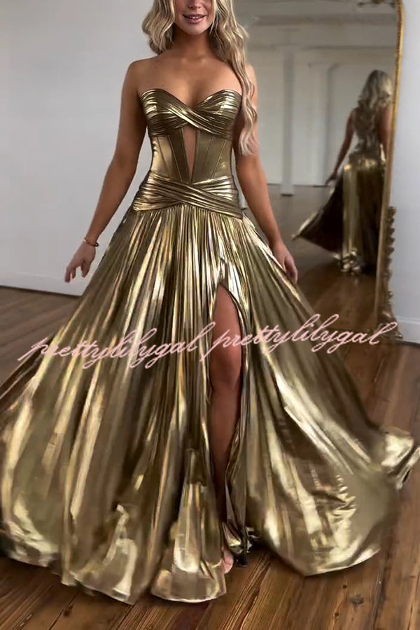 Dazzling Metallic Fabric Cross Strapless Cutout Slit Pleated Maxi Dress