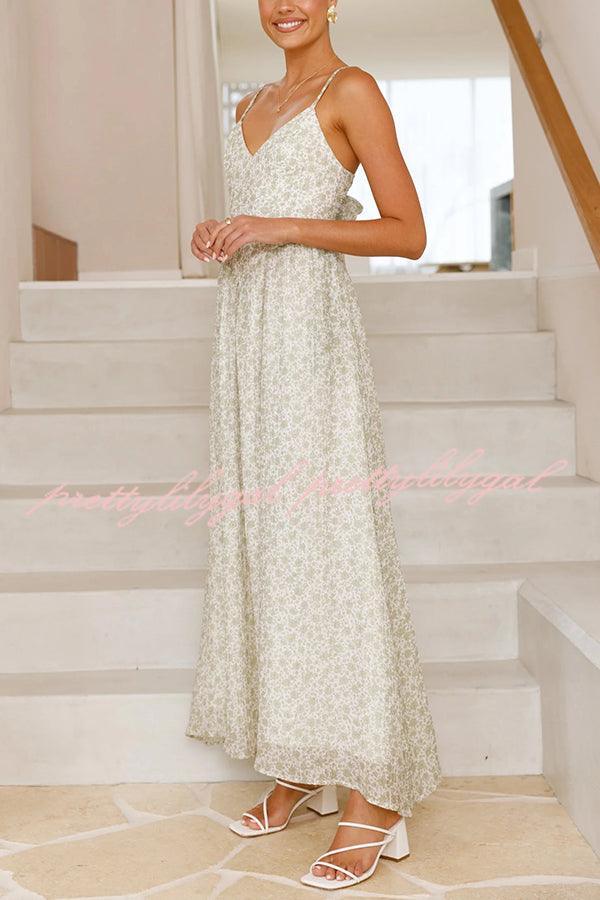 Floral Print V-Neck Sleeveless Back Tie Pocket Maxi Dress