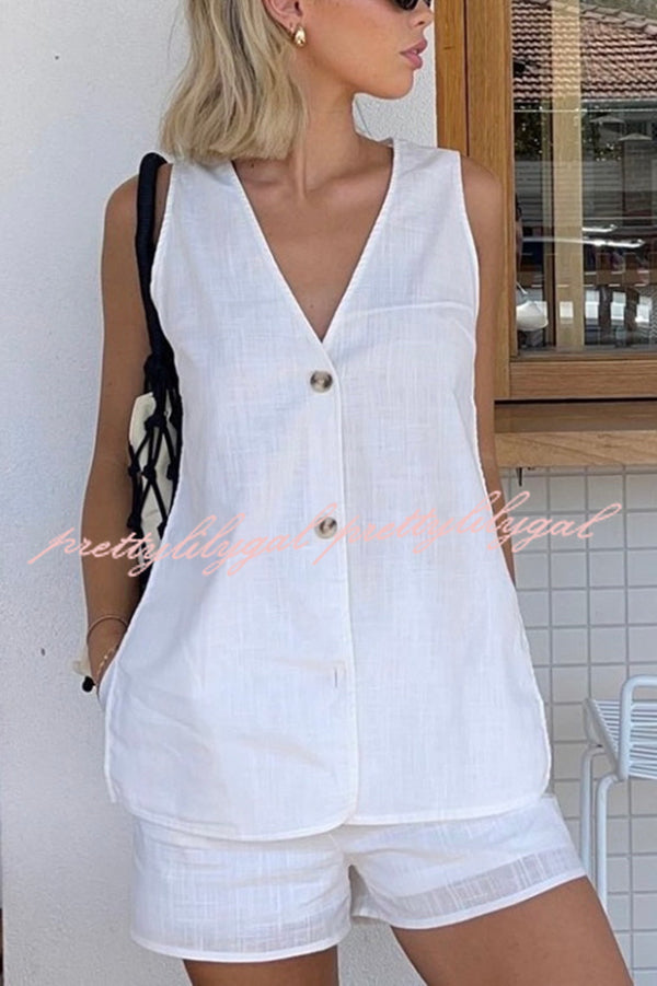 Edna Linen Blend Slit Button Down Loose Vest and Elastic Waist Pocket Shorts Set