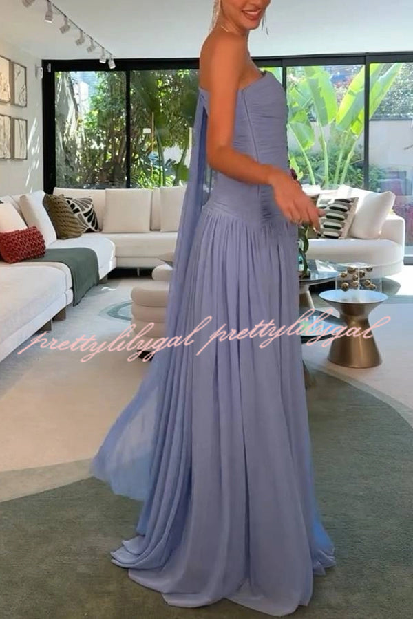 End of Light Chiffon One Shoulder Single-sleeve Shawl Ruched Maxi Dress