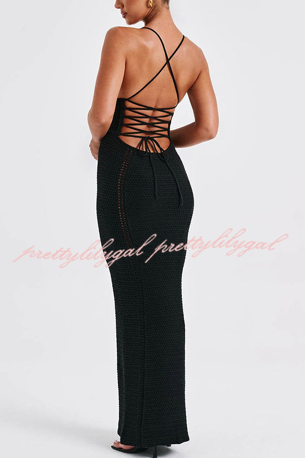 Warm Weather Favorite Knit Crochet Hollow Out Back Lace-up Stretch Maxi Dress