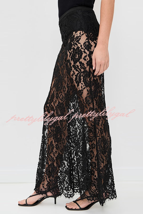 Make An Entrance Floral Stretch Lace Mid Rise Flare Maxi Skirt