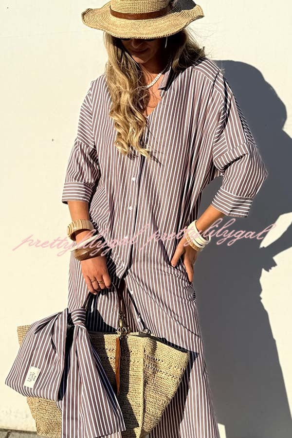 All-match Striped Button Up Half Sleeve Belted Pocket Shirt Midi Dress