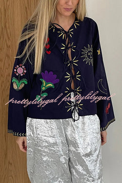 Fashionable Embroidered Lace-up Long-sleeved Loose Top