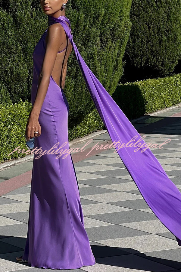Crush on You Satin One Shoulder Backless Cape Maxi Dress