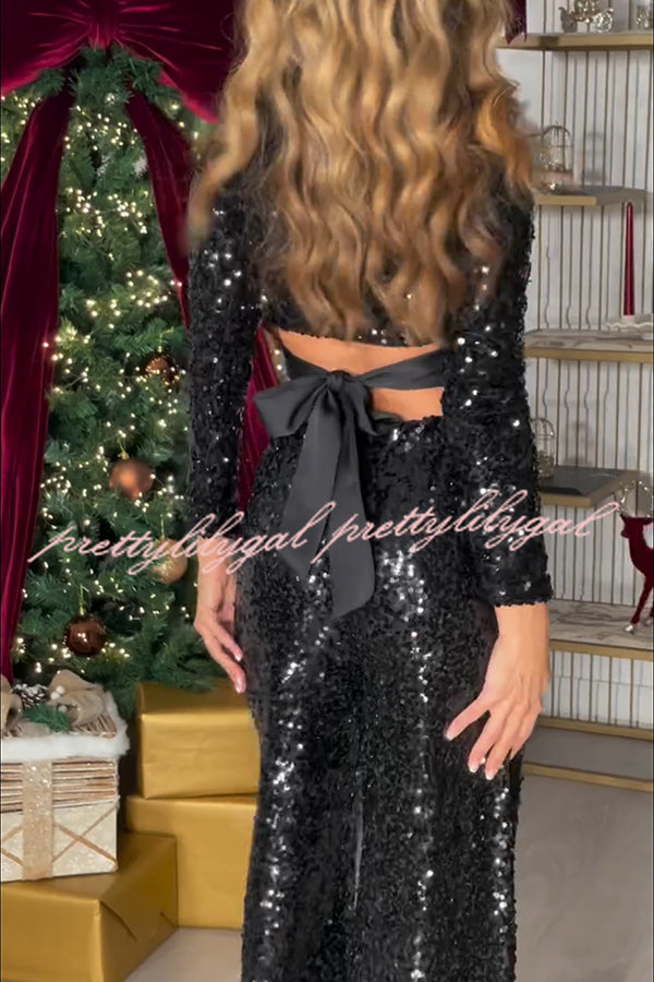 New Start Sequin Long Sleeve Back Tie-up Crop Top and Elastic Waist Loose Pants Set