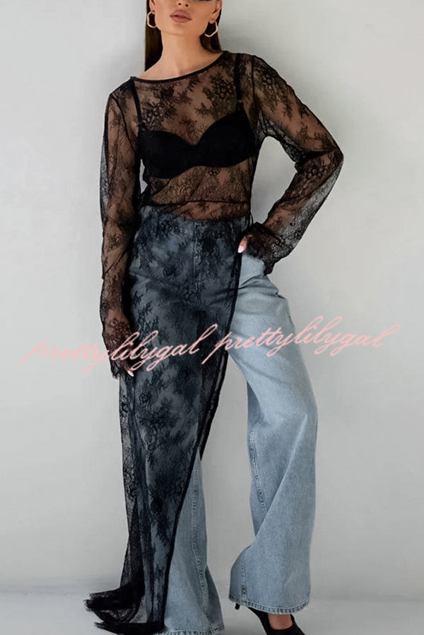 Sexy Openwork Lace Long-sleeved Asymmetrical Casual Top