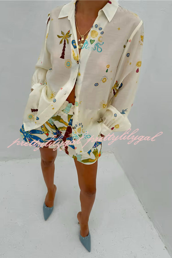 Linen Blend Resort Coconut Palm Print Long Sleeve Lapel Shirt and Elastic Waist Casual Pocket Shorts Set