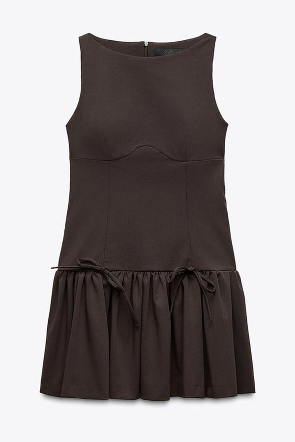 Solid Bow Round Neck Sleeveless Mini Dress