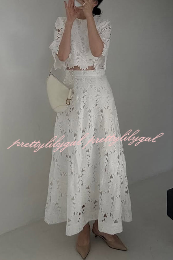Elegant Embroidered Hollow Flowers Bell Sleeve Top and Full Hem Maxi Skirt Set