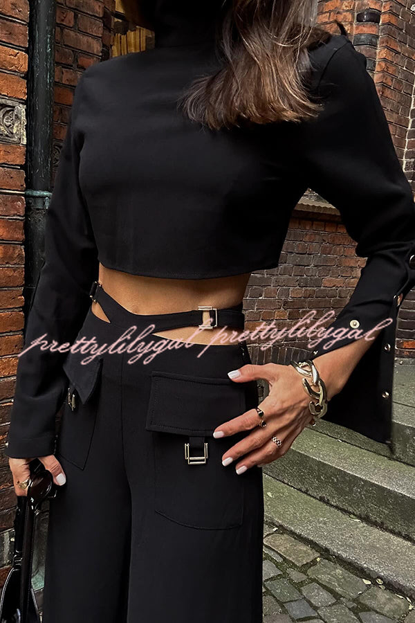 Leia High Neck Button Bell Sleeve Top and Cutout Waist Metal Pocketed Flare Pants Set