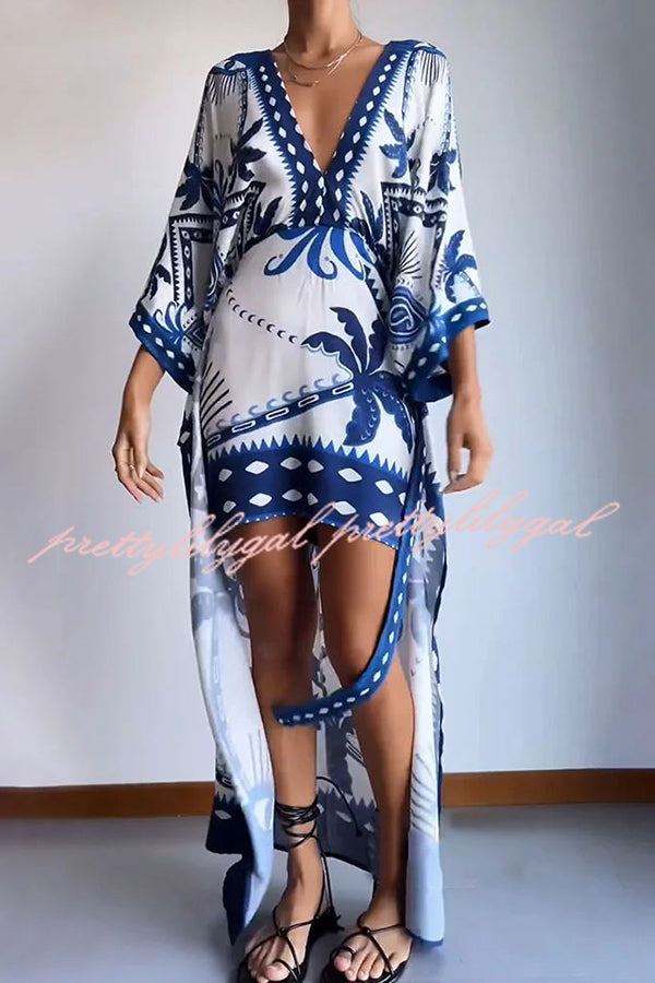 Chic Palm Tree Ethnic Print Fake Two Piece Lace Up Maxi Dress