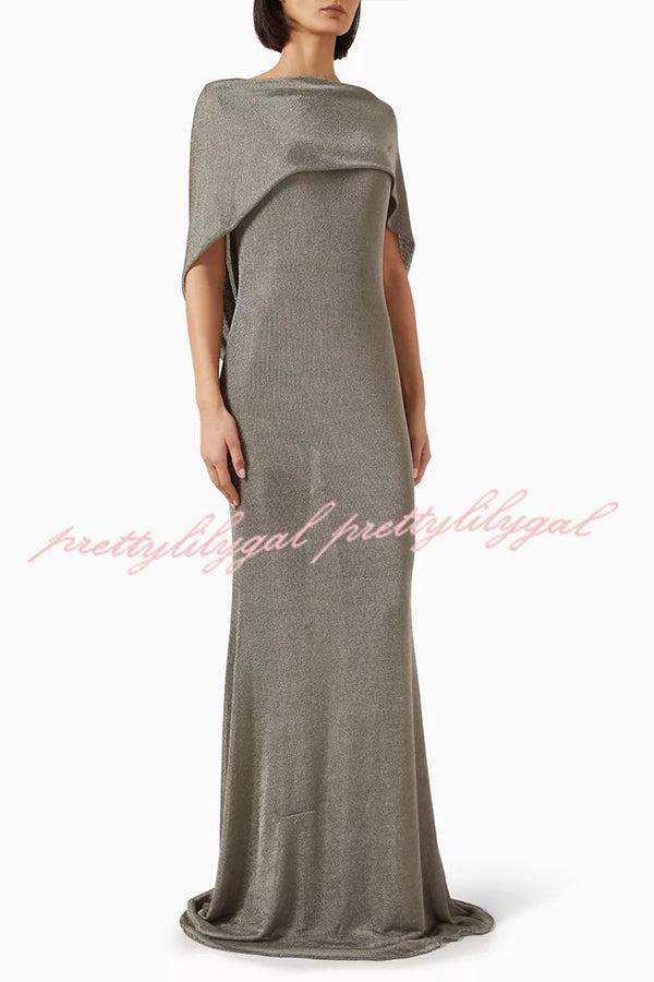 Fit and Elegance Fine Shimmering Fabric Open Cowl Back Draped Neckline Maxi Dress