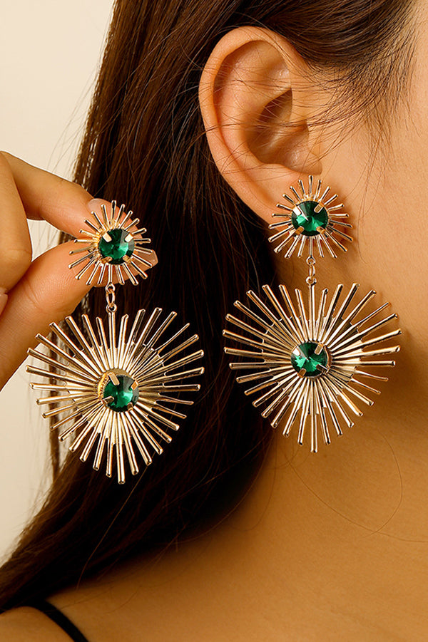 Exaggerated Emerald Rhinestone Line Metal Earrings