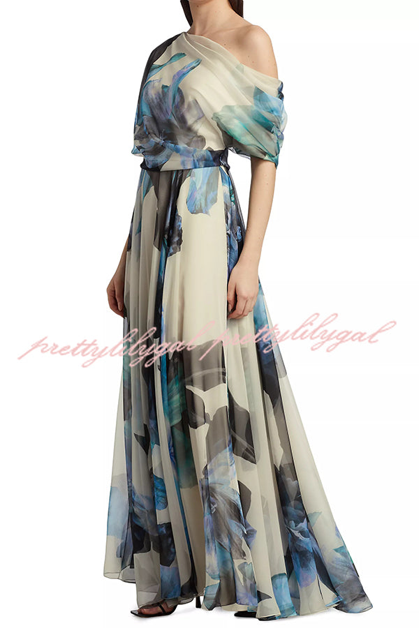 Unique Printed Bohemian Short-sleeved One-shoulder Maxi Dress