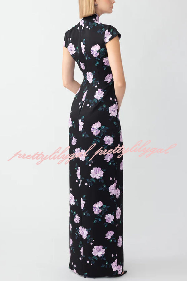 Lavender Flower Print Cutout Bow Details Thigh-high Slit Cheongsam Maxi Dress