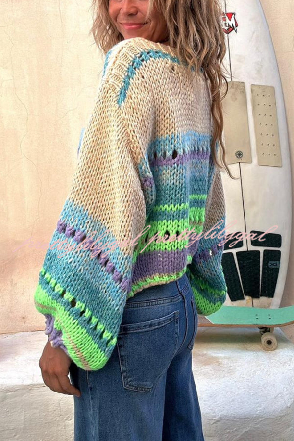 Rainbow Mood Multicolor Round Neck Hollow Long Sleeve Knitted Sweater