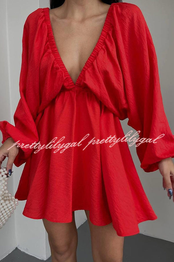 V Neck Puff Sleeve Solid Color Resort Style Mini Dress