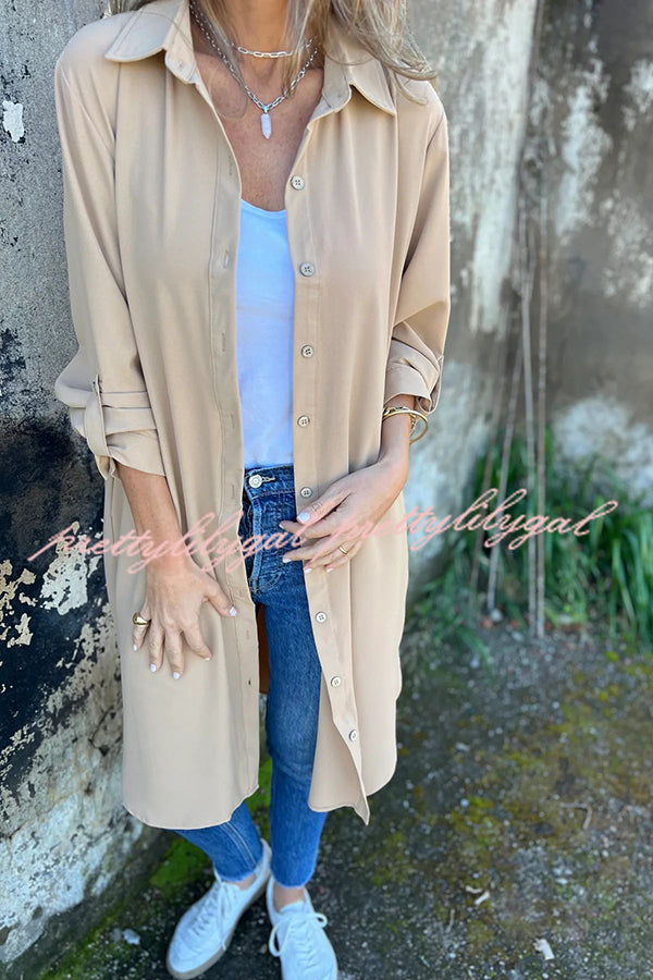 Solid Color Lapel Long Sleeve Button Casual Long Shirt