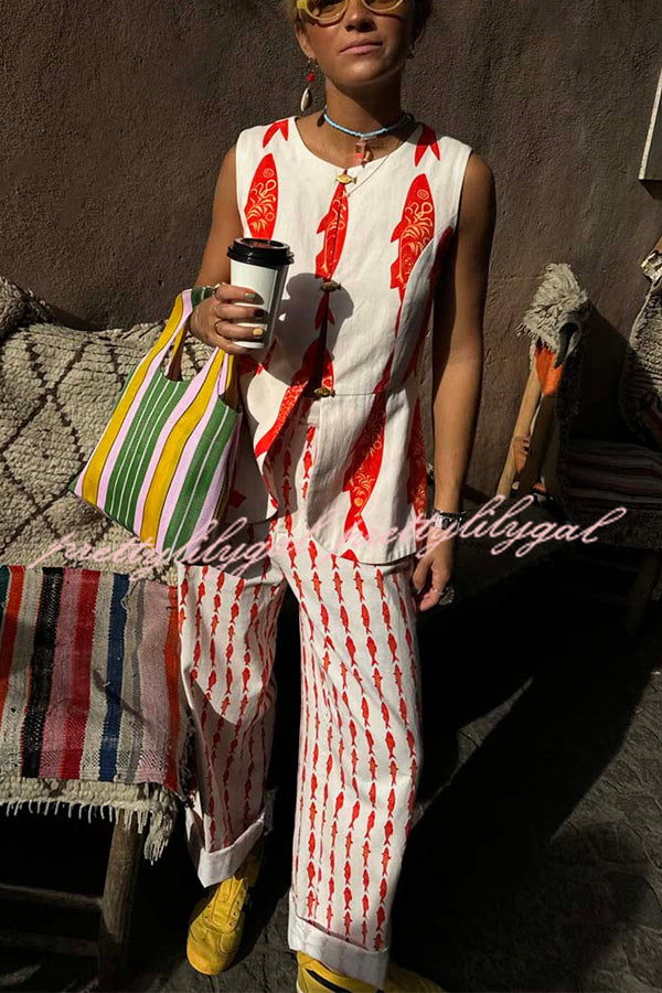 Good Luck Linen Blend Koi Pattern High Rise Elastic Waist Loose Pants