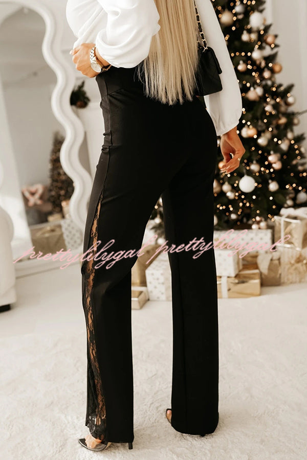 Joelie High Rise Elastic Waistband Side Lace Patchwork Flare Pants