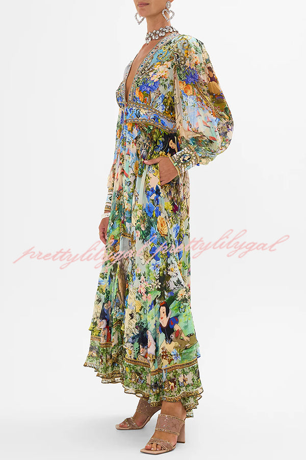 Fairy Tale Print V-Neck Lantern Sleeve Waist Maxi Dress