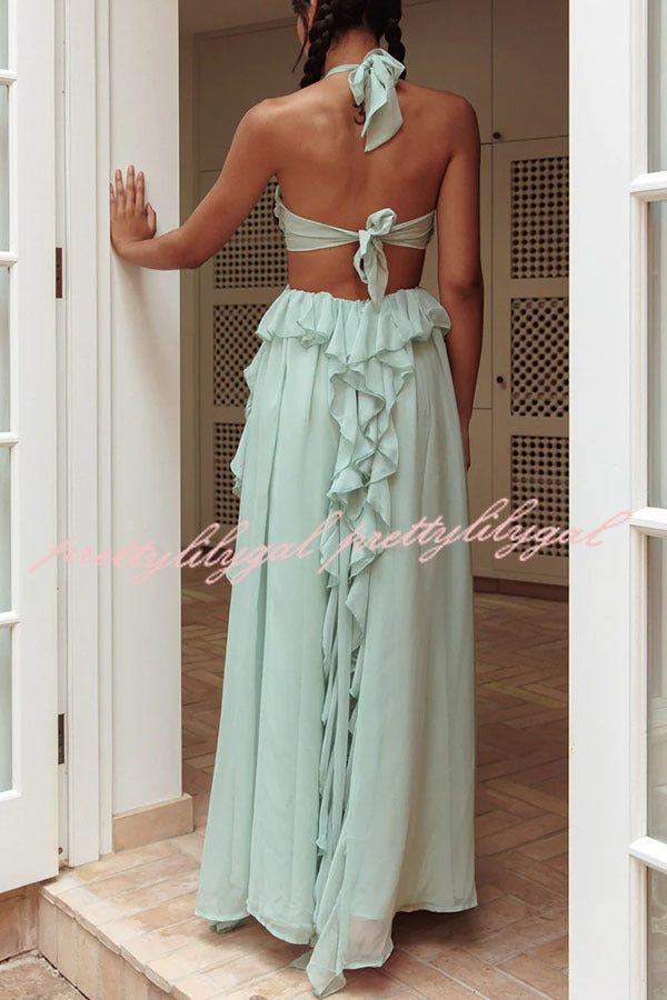 Gorgeous Vacation Halter Rose Detail Cut Out Ruffles Backless Maxi Dress