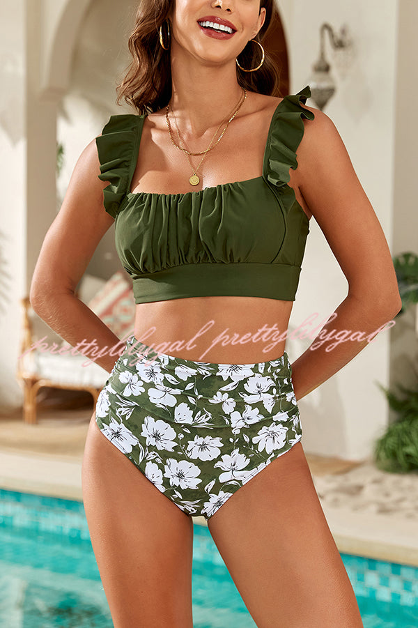 Botanical Print Ruffled Two-piece Stretch Bikini Swimsuit